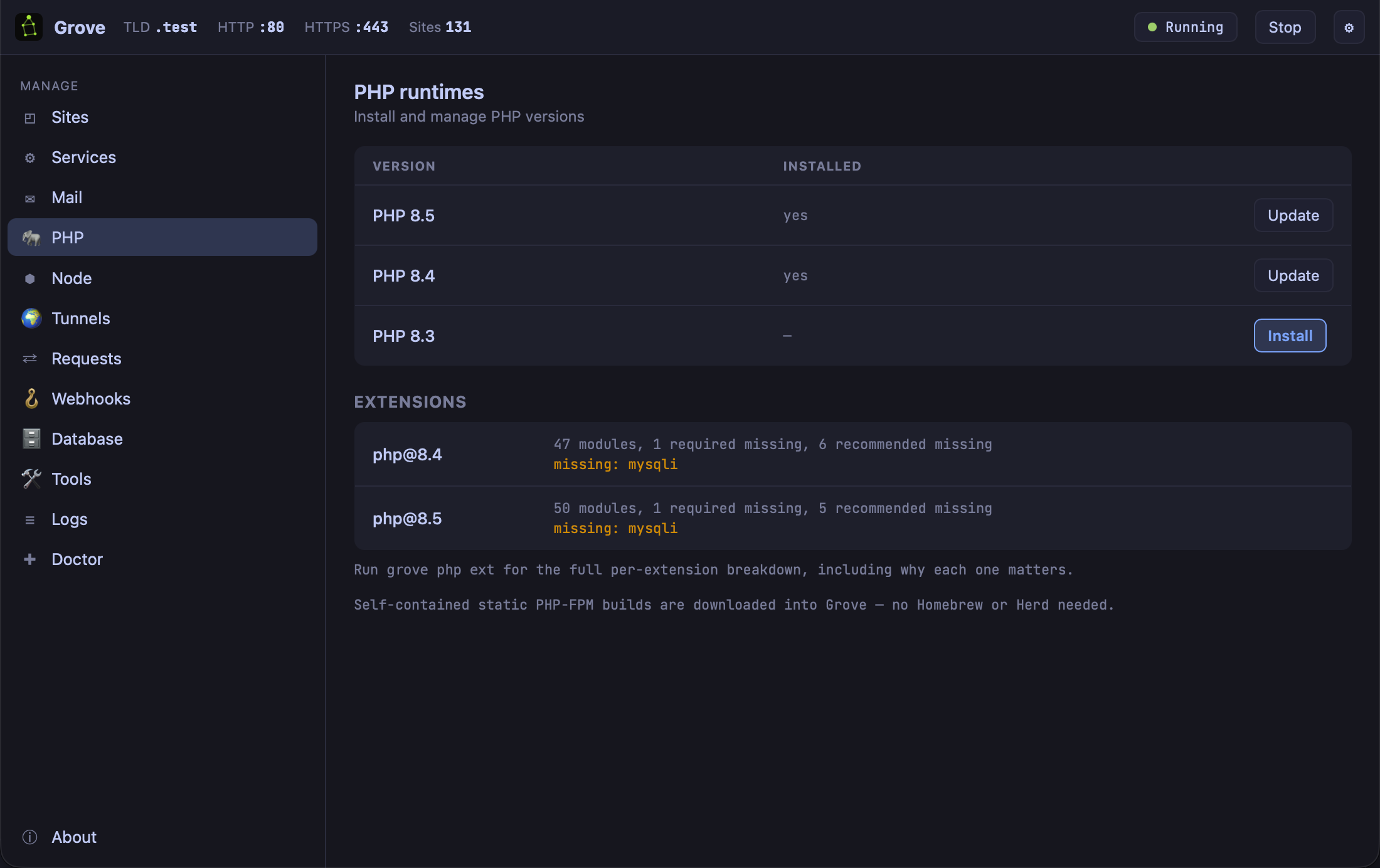 Grove's PHP panel: installed runtimes 8.5 and 8.4 with Update buttons, 8.3 with Install, and an extensions summary per runtime showing modules present and missing.