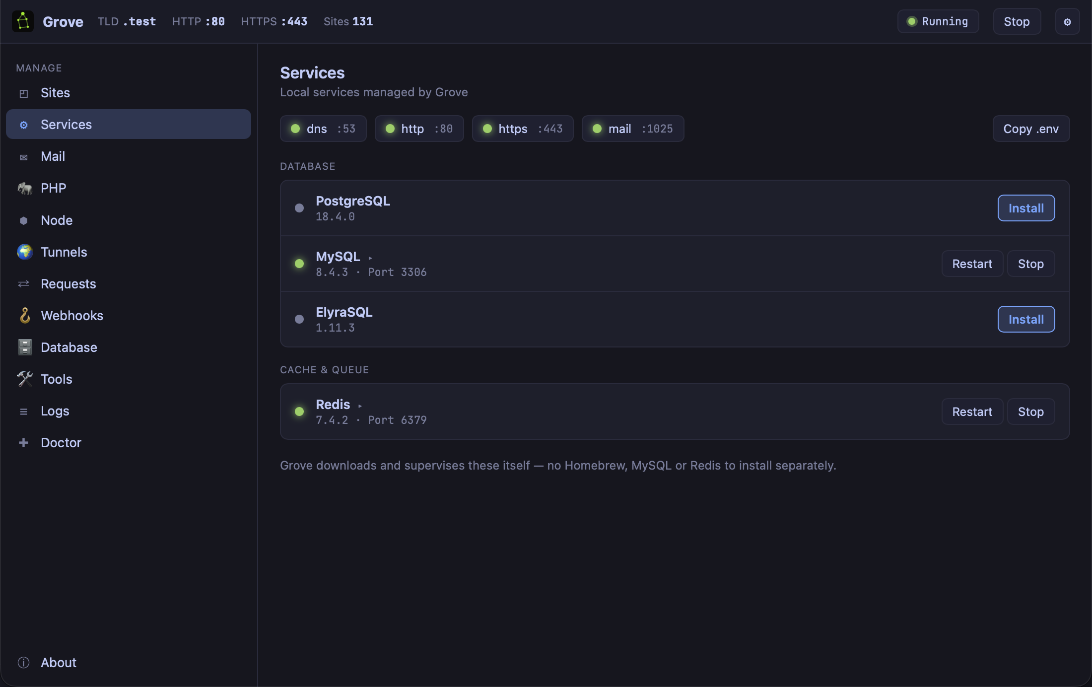 Grove's Services panel: dns, http, https and mail status pills, PostgreSQL, MySQL and ElyraSQL under Database, Redis under Cache & Queue, with Install, Restart and Stop buttons and a Copy .env button.