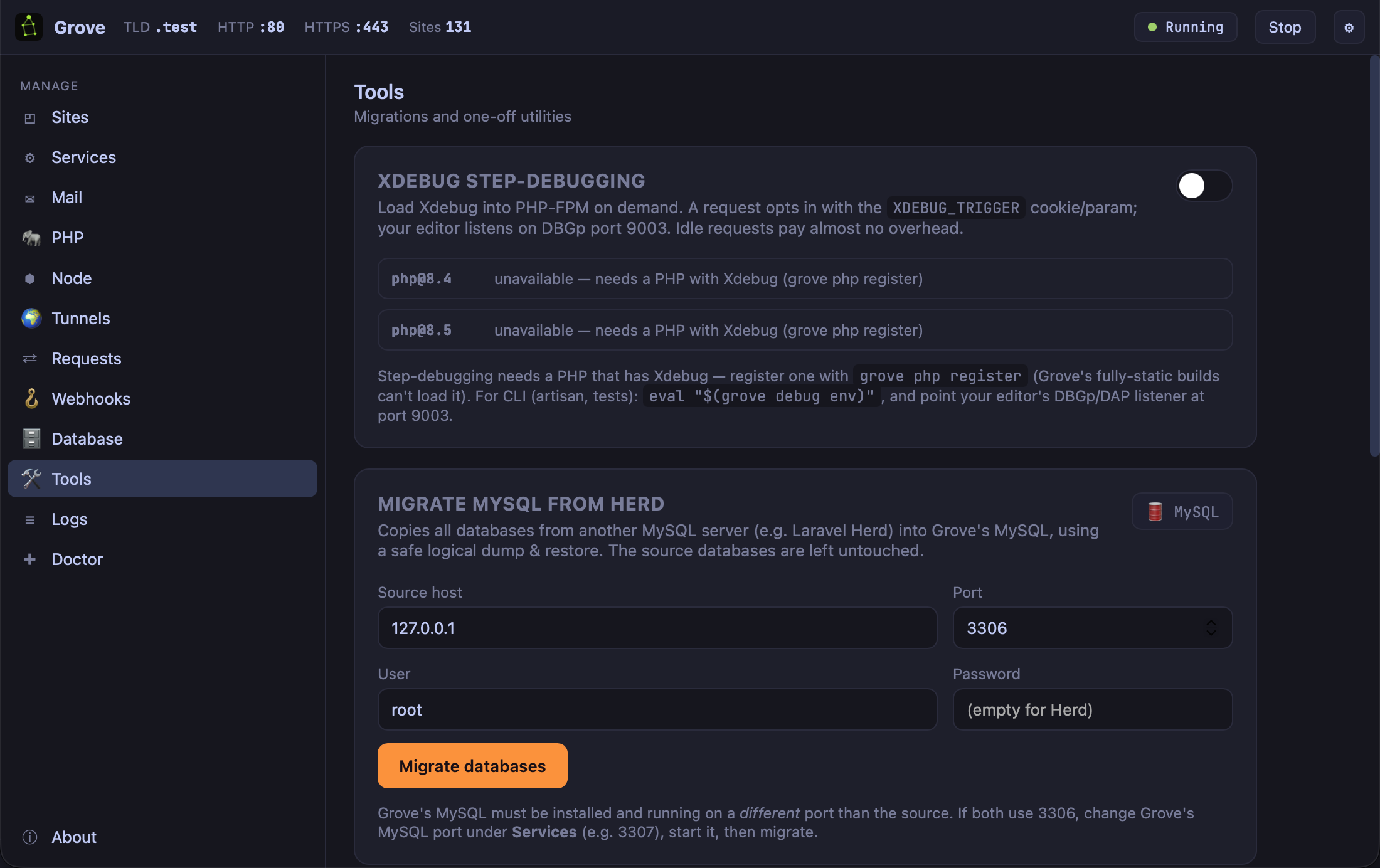 Grove's Tools panel: an Xdebug step-debugging toggle with per-runtime status, and a Migrate MySQL from Herd form with source host, port, user and password.