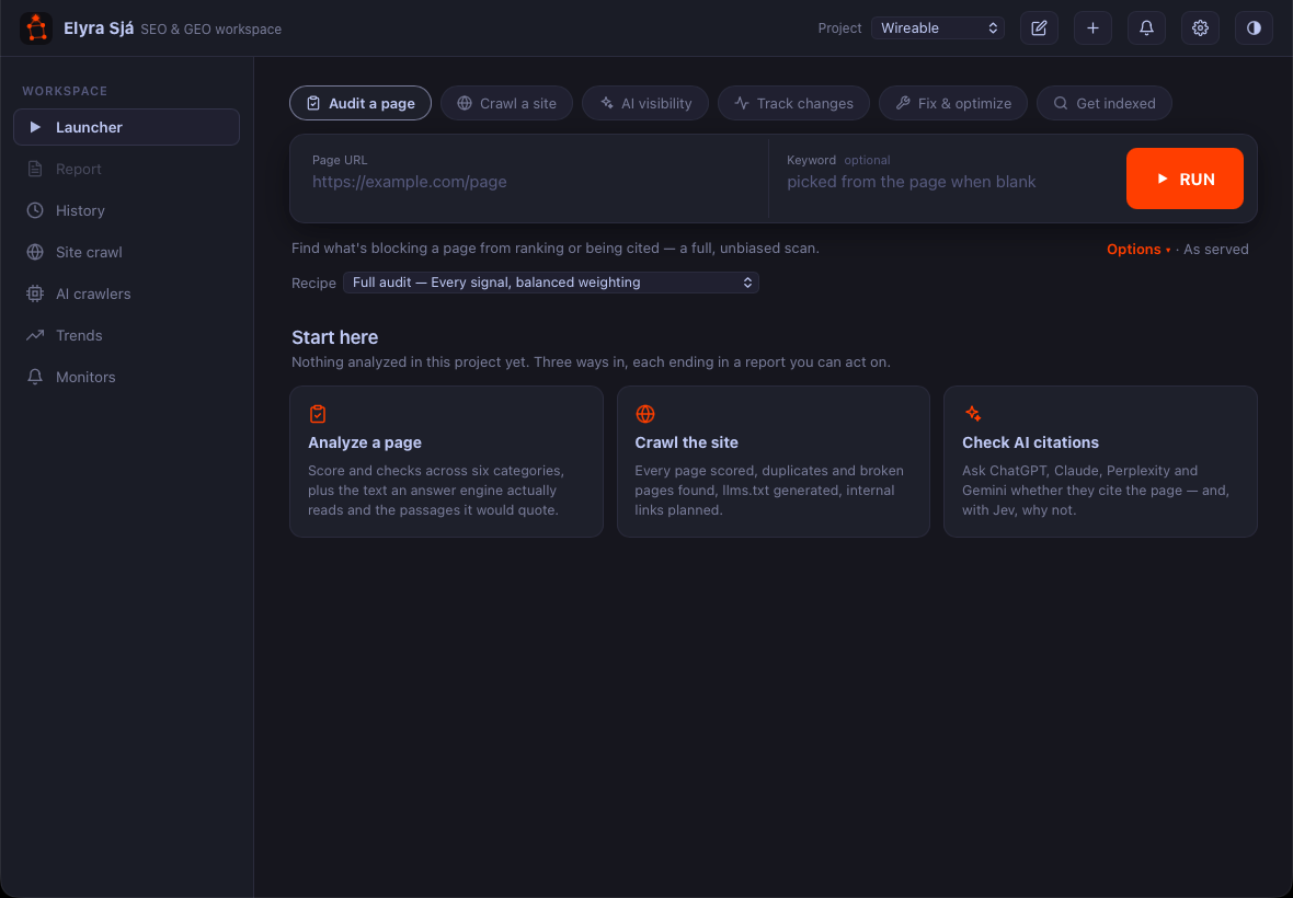 The Sjá launcher: six objectives across the top, a URL field, an optional keyword field, and the RUN button, with three ways to start below.