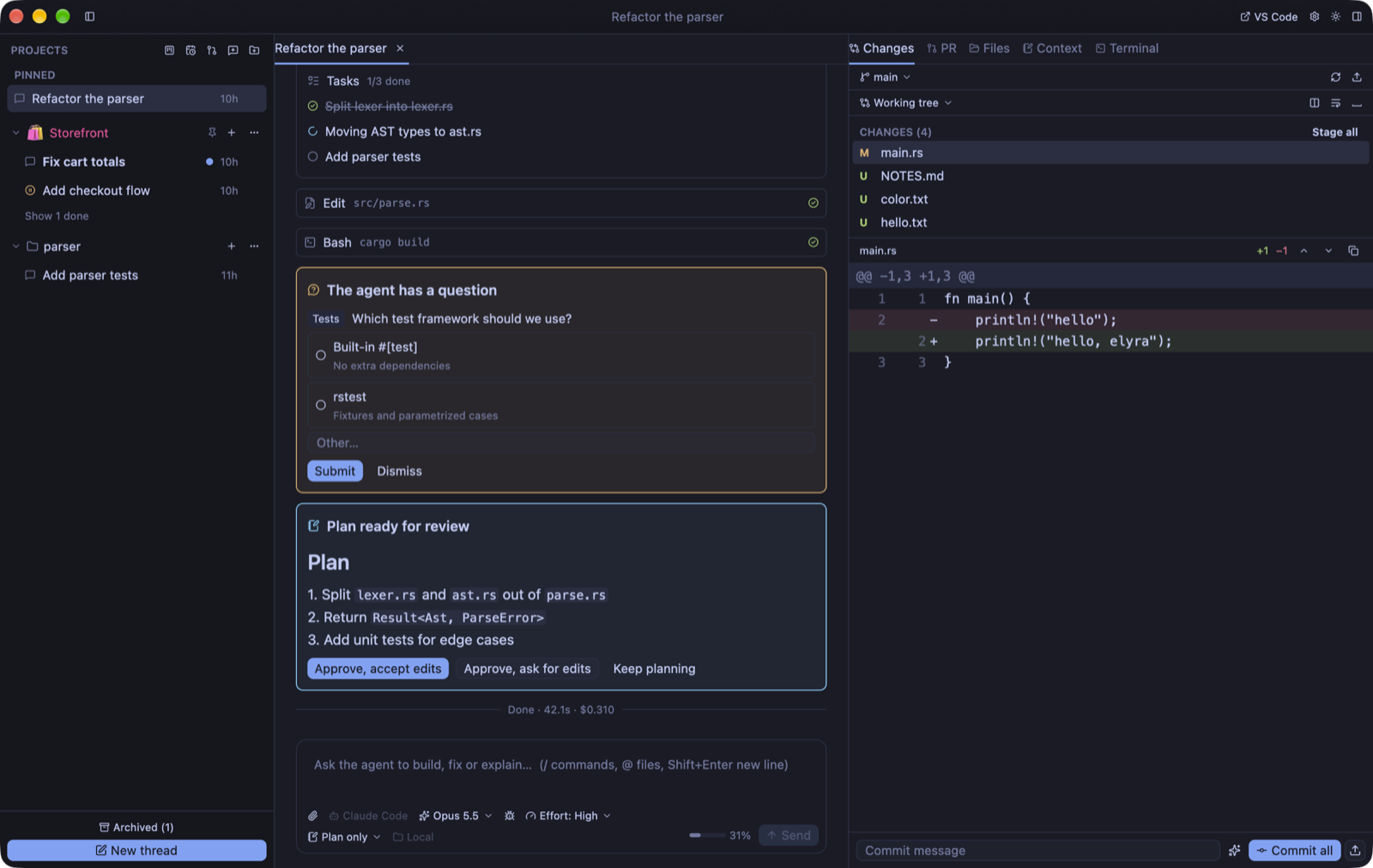 The Elyra Workspace window: the project sidebar on the left with a pinned thread, a project and a folder; in the middle a thread with a task list, an agent question with two options, and a plan waiting for review; on the right the Changes panel with a diff, and at the bottom the message box with agent, model, effort and permission mode.
