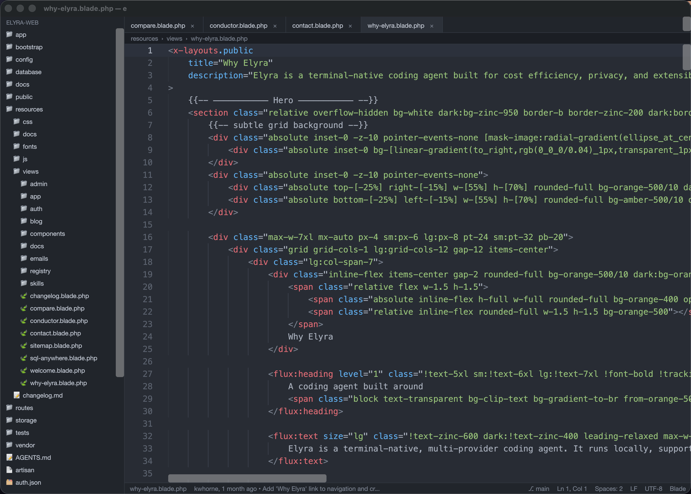 Editing a Laravel Blade view in e — Flux UI components, Tailwind classes, tabs and breadcrumbs