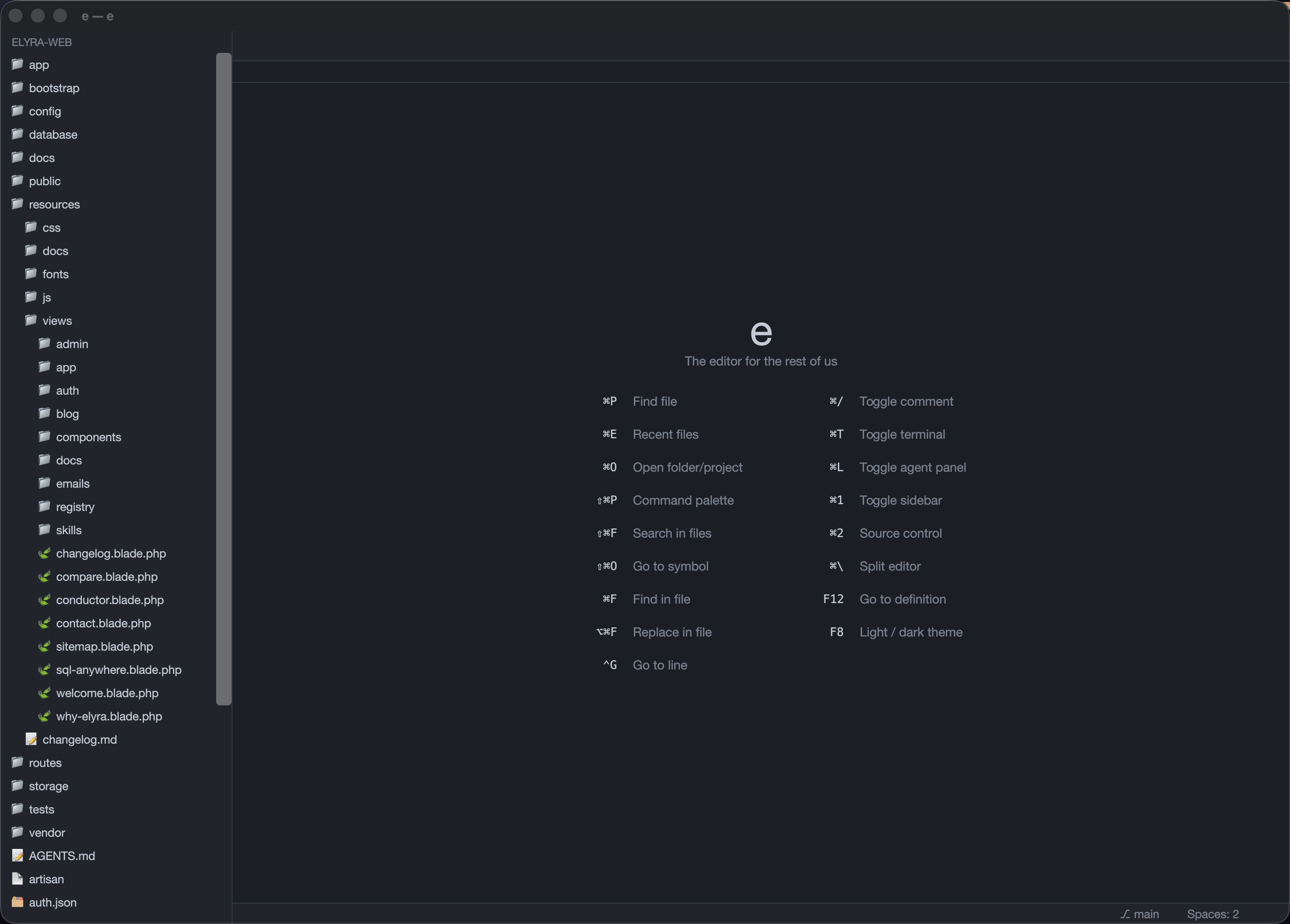 The e welcome screen: file explorer with type icons and the keyboard shortcut cheat sheet