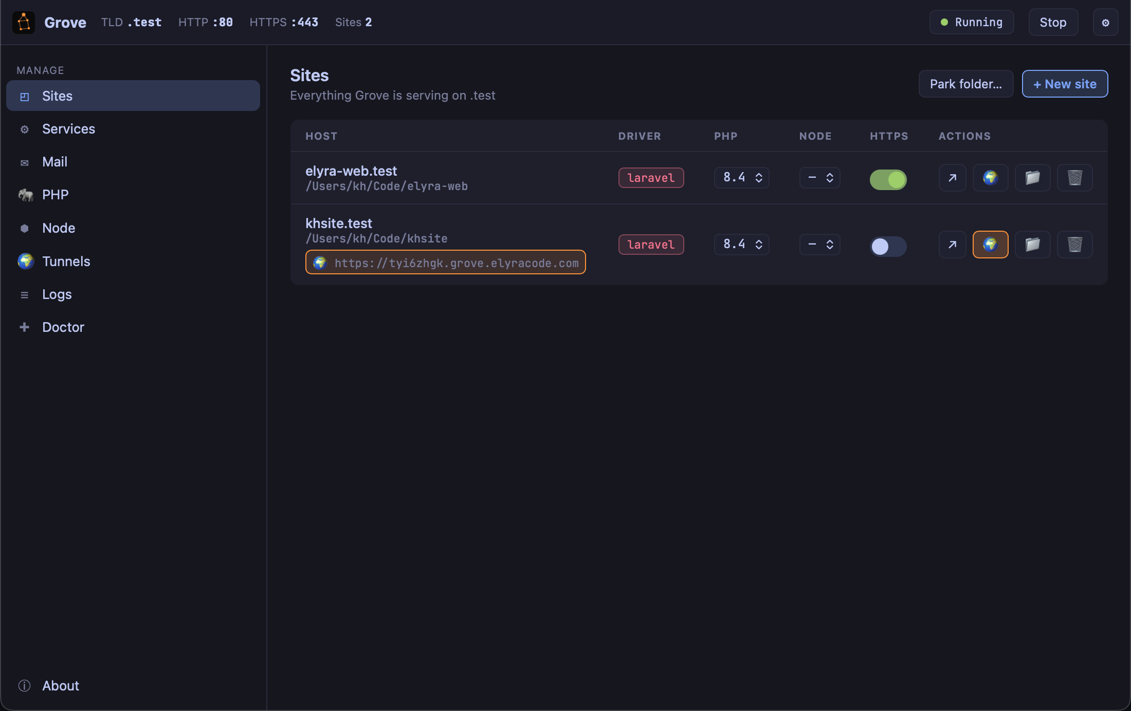 The Grove dashboard — sites with local HTTPS and public tunnels