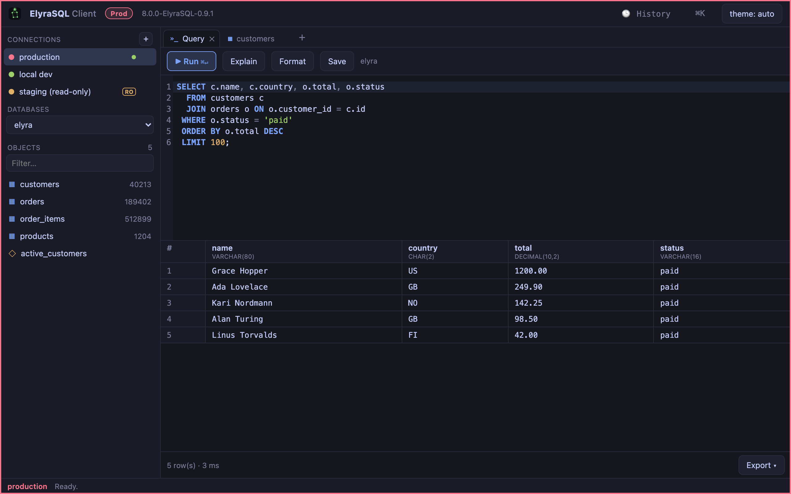 Elyra SQL Client — SQL editor and results grid
