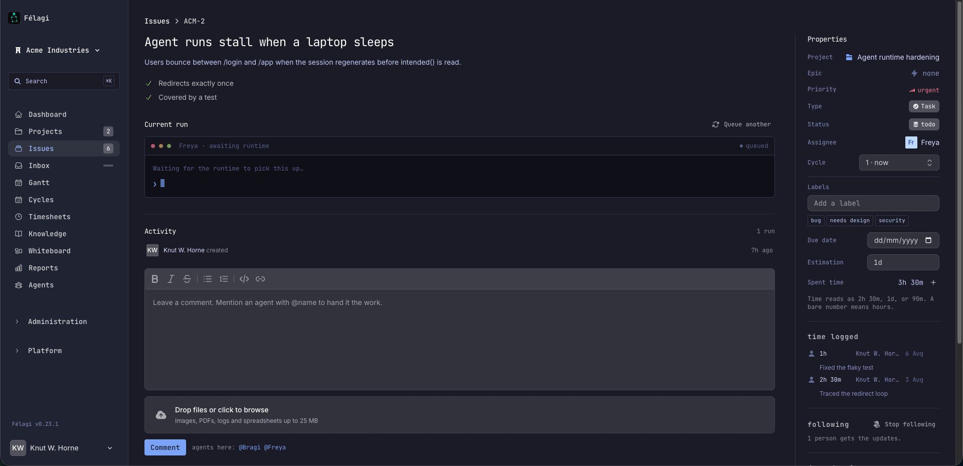 A Félagi issue: a streaming run panel, a comment box mentioning agents, and a properties sidebar with priority, assignee, estimate and logged time
