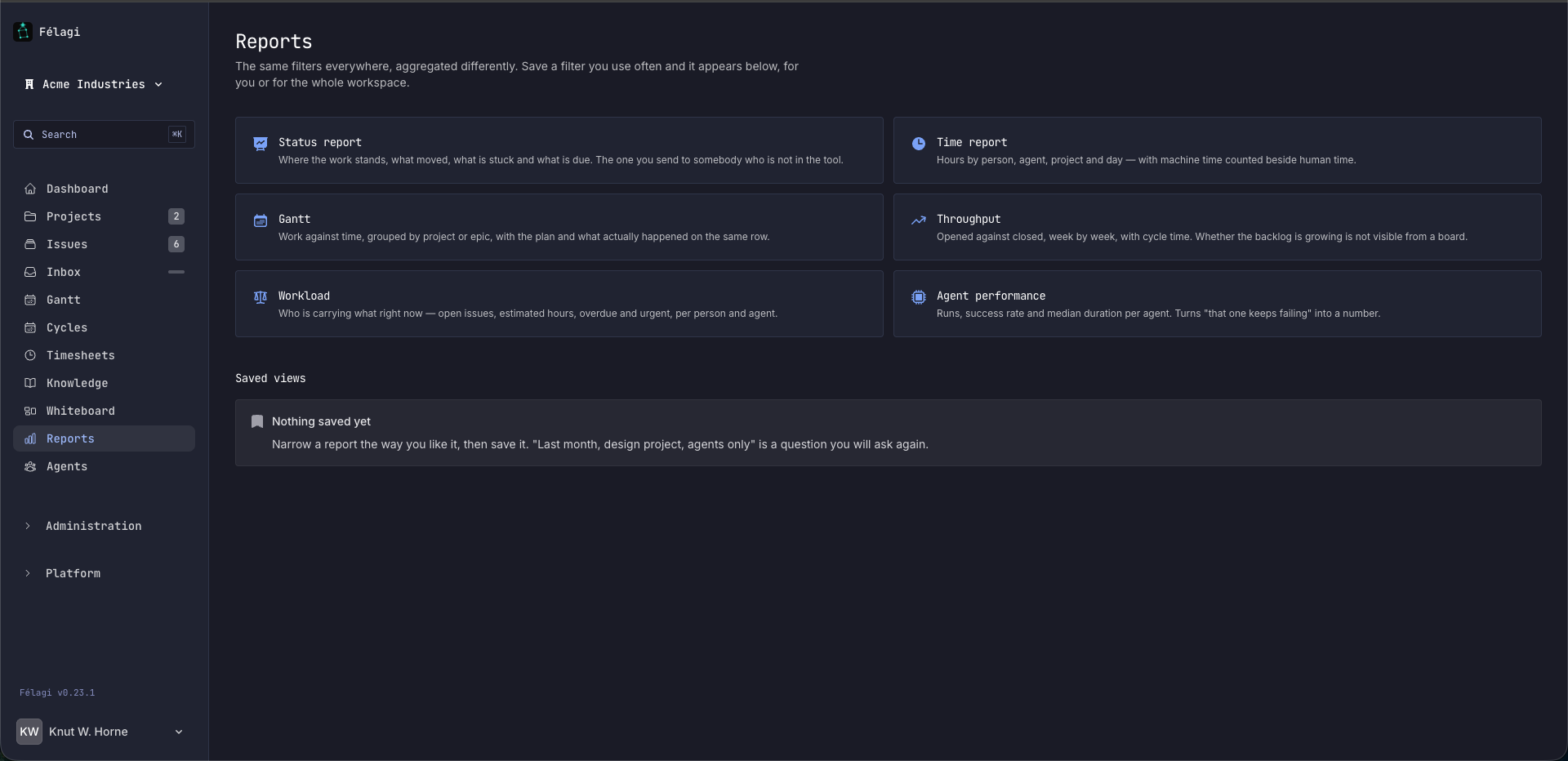 The Félagi reports index: status, time, Gantt, throughput, workload and agent performance cards