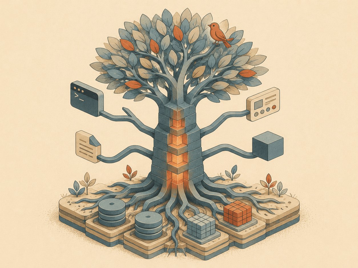 The Elyra ecosystem drawn as a world-tree: roots resting on layered soil holding database discs and data cubes, a trunk built of stacked server bands glowing from within, four branches ending in a terminal window, a document, a dashboard panel and a cube, and a bird perched in the canopy, watching.