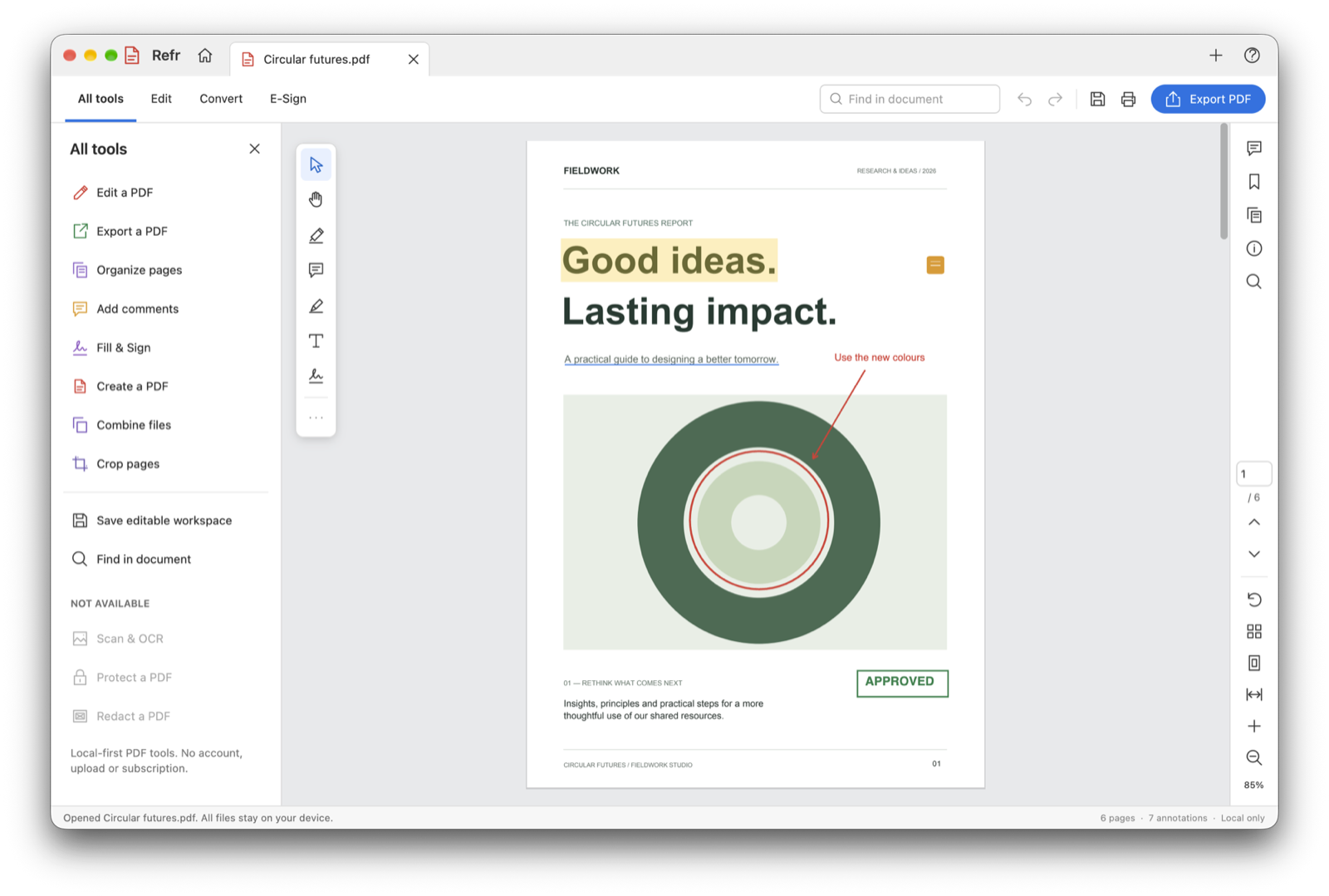 Refr with a sample report open: a highlighted headline, an underlined subtitle, a comment, a circled chart with a red note and an approval stamp