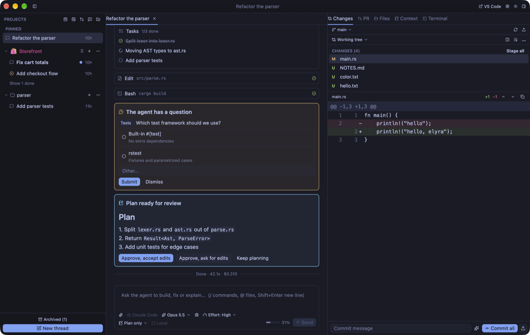 Elyra Workspace: projects and threads on the left, an agent conversation with a task list, a question and a plan in the middle, and the Changes panel with a diff on the right
